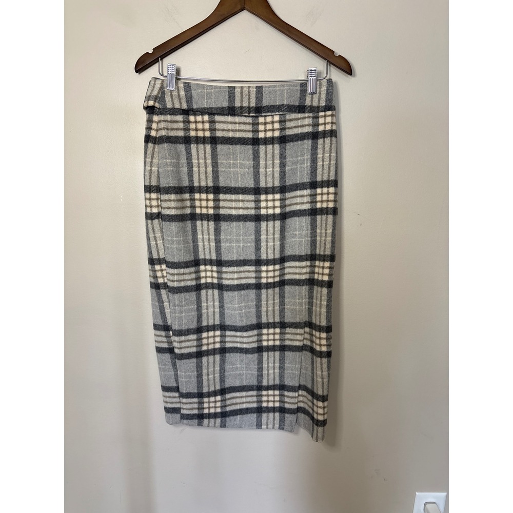 Primark Grey Plaid Wool Blend Midi Pencil Skirt with Back Tie Belt Size 8